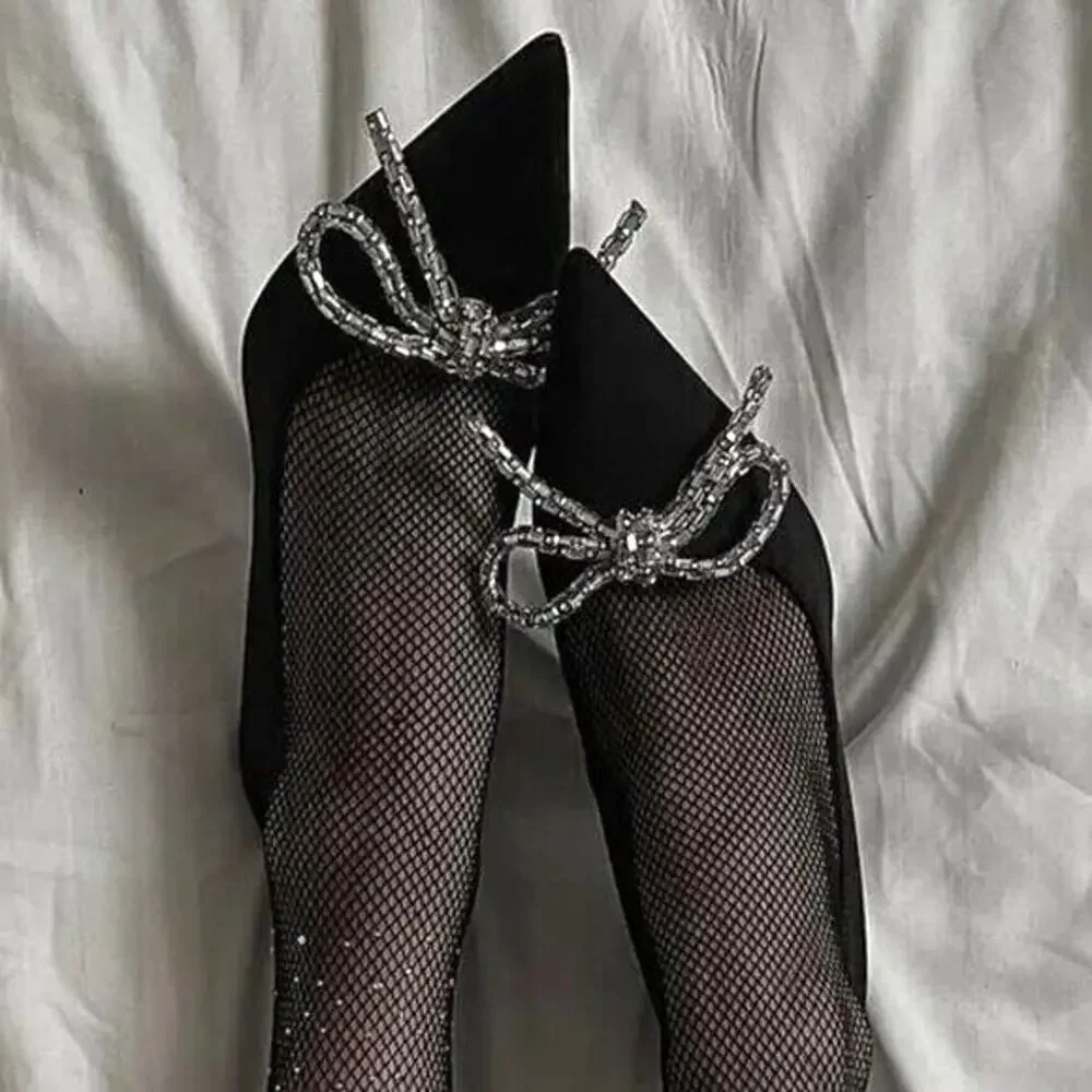 ZARA Rhinestone Bow Pointed Toe Ballet Flats NWT Black Size 7.5